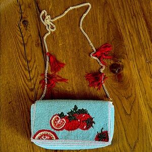 Strawberry Embellished Blue Clutch